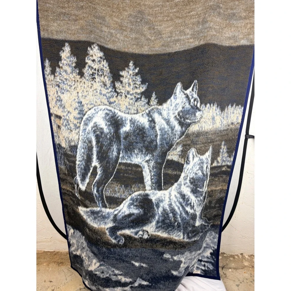 Vintage Biederlack Wolf Blanket Reversible Blue White Fleece Made in USA 56x74